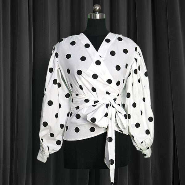 Polka Dot V Neck Front Knot Shirt