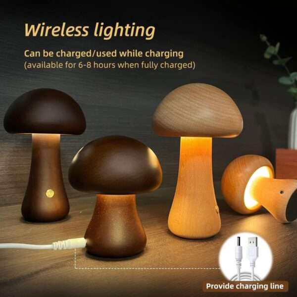 Wooden Mushroom LED Night Light With Touch Switch - Image 4