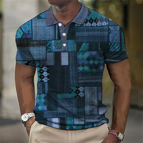 Fashion Men'S Polo Shirts 3d Splicing Plaid Printing Art Men - Image 8