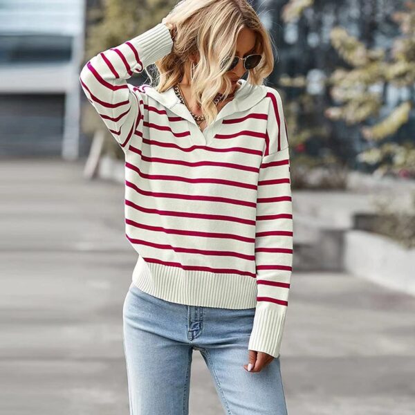 V-Neck Lapel Striped Long Sleeve Women's Sweater - Image 6