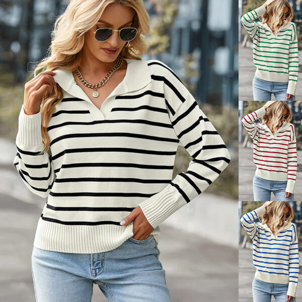 V-Neck Lapel Striped Long Sleeve Women's Sweater